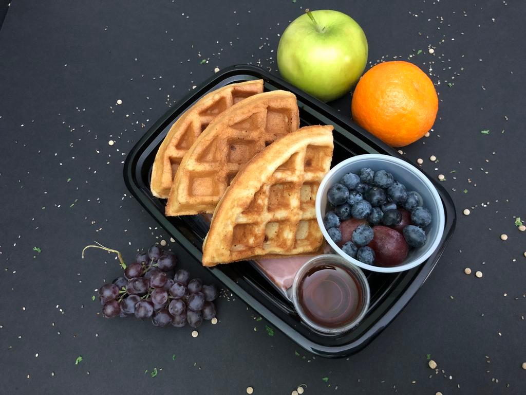 Protein Waffles Breakfast · Delicious, energy-boosting 2 protein waffles and healthy uncured turkey bacon. Served with a side of maple syrup and organic freshly cut fruit.