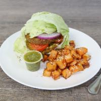 Vegetarian Burger in Iceberg Cup · Carrots, peas, garbanzo, black bean, buckwheat, broccoli and spinach