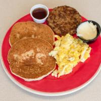 Pancakes Plate · 2 pancakes, 2 eggs, choice of meat, made fresh to order!!