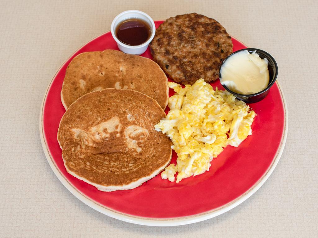 Pancakes Plate · 2 pancakes, 2 eggs, choice of meat, made fresh to order!!