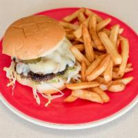 Mushroom Swiss Burger · Fresh grilled to order with your choice of fresh lettuce tomato onion pickles on a toasted b...
