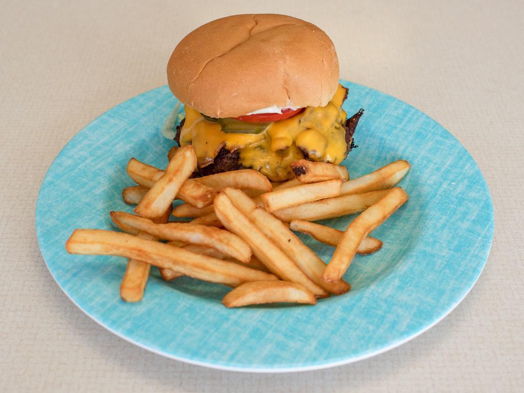 Cheeseburger · Fresh grilled 6 oz. burger with all the fixings and cheese add fries or onion ring for the perfect lunch!!
