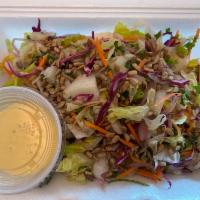 Southwest Salad · Romaine lettuce, carrot, cabbage, onion, sunflowereed, cajun ranch dressing.