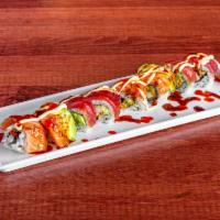 Double Dragon Roll · Inside - shrimp tempura, avocado. Outside - tuna, salmon, avocado with spicy sauce.
