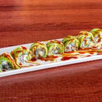 Green Dragon Roll · Inside - steamed chrimp, cucumber. Outside - avocado, with chef specialty sauce.