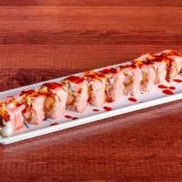 Flamingo Roll · Inside - real crab meat, shrimp tempura, cream cheese wrapped in soy paper and topped with s...