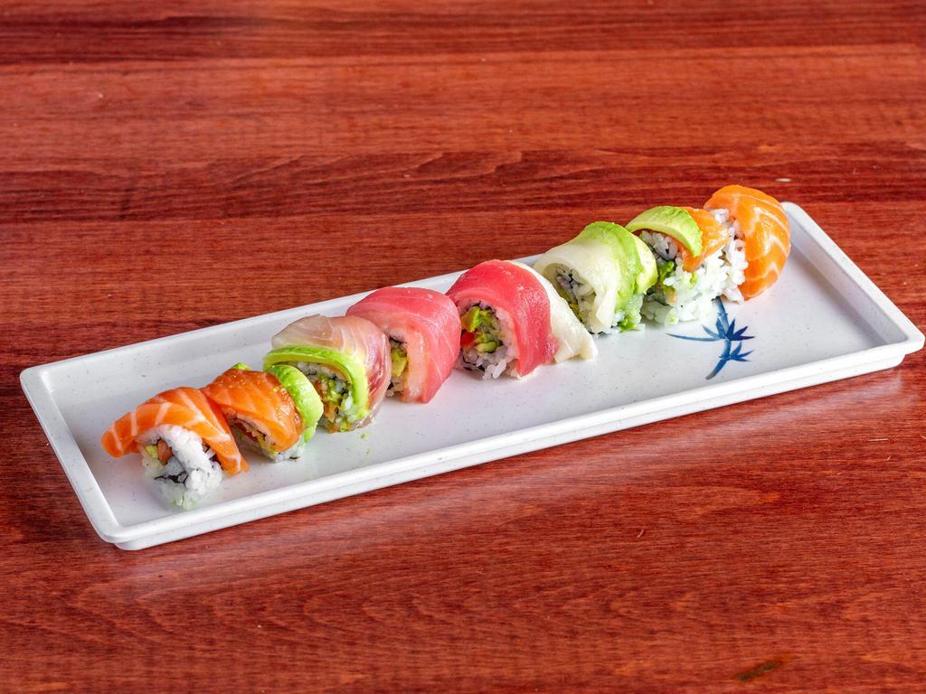 Rainbow Roll · Outside - tuna, salmon, whitefish, avocado. Inside - crab stick, salmon, avocado.