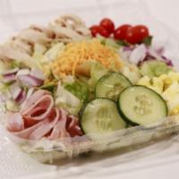 Chef  Salad · Lettuce, tomato, ham, turkey, cucumber, red onion, cheddar, dressing