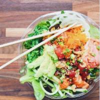 Veg-Shi Poke Bowl with No Protein · Veggie customized poke bowl - your choice of base, marinade, toppings, and aioli.  Shown wit...