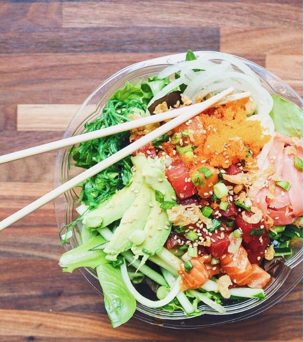 Veg-Shi Poke Bowl with No Protein · Veggie customized poke bowl - your choice of base, marinade, toppings, and aioli.  Shown with ahi tuna and salmon.