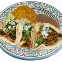 Combo Tacos · 3 soft tacos prepared whit cilantro, onion and salsa, garnishes rice an beans. Choice of pro...