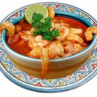 Caldo de Camaron · Shrimp soup. Boiled with potato, carrots, tomato, chipotle sauce, garnishes such as onion, c...