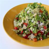 Mediterranean Salad · Grilled chicken breast, chopped fresh greens, artichoke heart, crumbled feta, tomato, bell p...