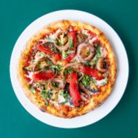 2 Grilled Veggie Pizzas · Grilled zucchini, eggplant, bell pepper, red onion, roasted garlic, fresh basil, mozzarella ...
