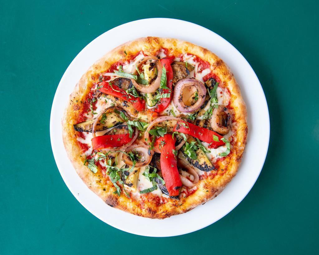 2 Grilled Veggie Pizzas · Grilled zucchini, eggplant, bell pepper, red onion, roasted garlic, fresh basil, mozzarella and tomato sauce. Vegetarian.