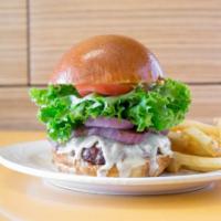 The Original Burger · Angus beef, Monterey Jack, butter lettuce, tomato, red onion, pickles and house aioli on Bre...