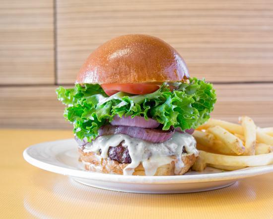 The Original Burger · Angus beef, Monterey Jack, butter lettuce, tomato, red onion, pickles and house aioli on Bread Lounge brioche bun. Add fries for an extra charge.