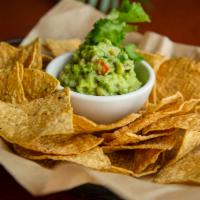 Guacamole & Chips · Avocado, cilantro, jalapeno, onion, house tortilla chips.