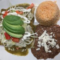 Enchiladas Verdes Plate · 4 corn tortillas rolled with chicken in tomatillo salsa, topped with lettuce, tomato, cheese...