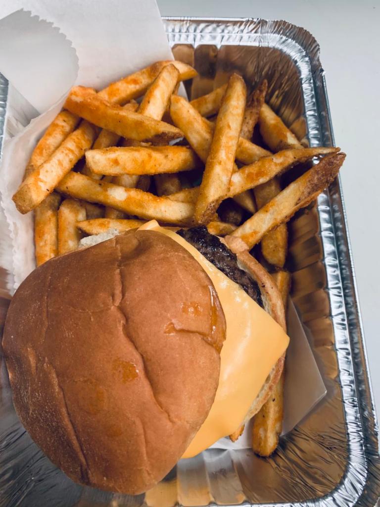 Kid cheese Burger · Plain or American cheese, served with fries.