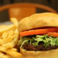 Beef Hamburger · Half a pound of ground chuck char-grilled Served on a bun with lettuce, tomato, ＆ fries.