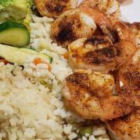 Blackened Shrimp · Served with rice pilaf and mixed vegetables.