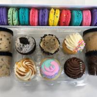 Sampler Pack · 6 variety cupcakes, 10 macarons and 4 jars edible cookie dough.