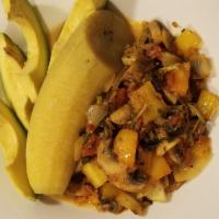 Boiled plantains w./ Sauteed vegetables · This is a Vegan, vegetarian friendly dish.  