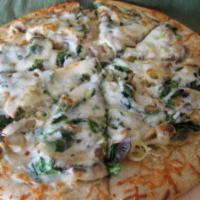 Garlic Spinach Pizza ·  garlic sauce, spinach, tomato, mushroom, red onion, feta cheese, Romano cheese.