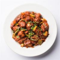 Chilly Chicken · Chinese styled chicken with onions and bell peppers.