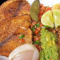 Fried Fish Plate · Rice, beans, pico de gallo and guacamole with tortillas.