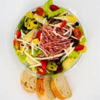 Italian Salad · Chopped romaine, red peppers, salami, mozzarella, Kalamata olives, tomatoes, artichoke heart...