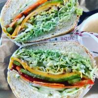 Veggie Sandwich · Red, yellow, and green bell pepper, carrots, and English cucumber. Also includes avocado.