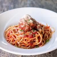 Spaghetti with Meatballs · Other pasta choices available are penne, angel hair, bow-tie, fettuccini and linguine.