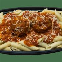 Pasta with Meatballs · Italian meatballs served over penne pasta and red sauce with Parmesan cheese (Must reheat to...