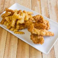 Kids Chicken Tender with Fries · Breaded or battered crispy chicken with fried potatoes.
