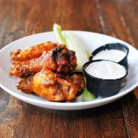 Wings · 8 jumbo wings, choice of sauce and served with bleu cheese or ranch