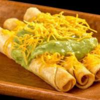 3 Rolled Tacos Cheese with Guacamole · Shredded beef rolled tacos topped with guacamole and cheese.