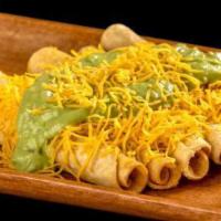 5 Rolled Tacos Cheese with Guacamole · Shredded beef rolled tacos topped with guacamole and cheese.