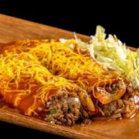 Beef Enchilada · Shredded beef, onion, bell pepper, and tomato enchiladas topped with cheese and lettuce.