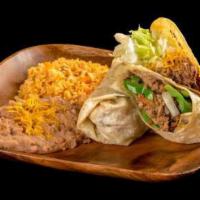2. Burrito and Taco Combo Plate · Shredded beef burrito and shredded beef taco.