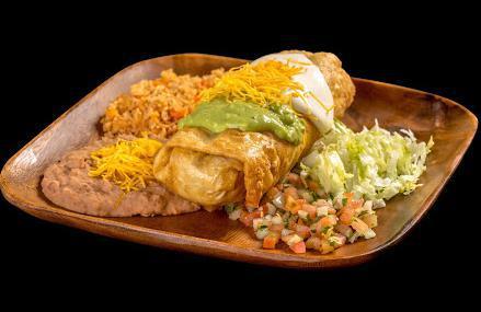 13. Chimichanga Combo Plate · Shredded beef or chicken burrito, deep fried, and topped with guacamole, sour cream, cheese, pico de gallo, and lettuce.
