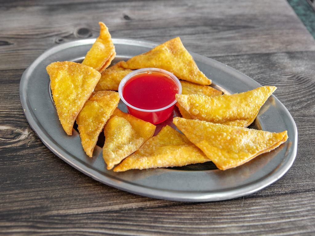 4. Crab Rangoon · 10 pieces. Fried wonton wrapper filled with crab and cream cheese. 