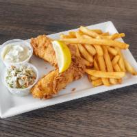 Fish and Chips · Guaranteed good. 1/2 pound of North Atlantie wild caught cod lightly beer battered served wi...