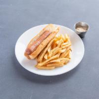 Nathan's Dog · With caramelized onion-pepper mustard relish, with thin-cut fries or mixed greens