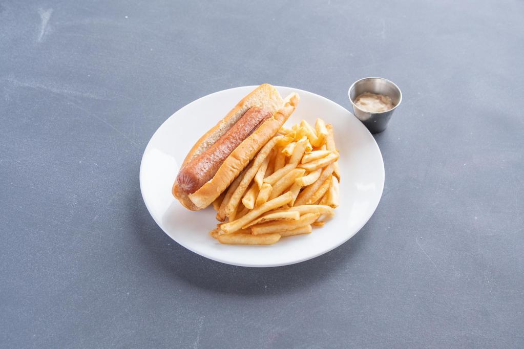 Nathan's Dog · With caramelized onion-pepper mustard relish, with thin-cut fries or mixed greens