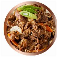 Bulgogi · Korean BBQ beef is marinated thinly sliced beef grilled. Served with rice and kimchi.