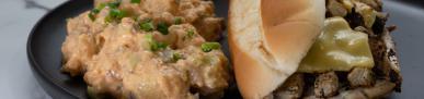 Chicken Cheese East · Gardein chicken, mushrooms, onions, smoked gouda cheese on a hoagie bun.