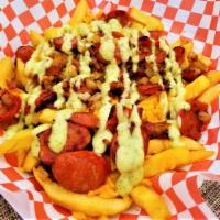 Chori Fries · French fries topped with chorizo, sauteed onion, cheddar cheese, sweet corn and house garlic...