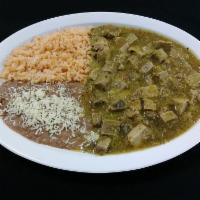 Green Chile Pork · Served with rice, beans and tortillas.